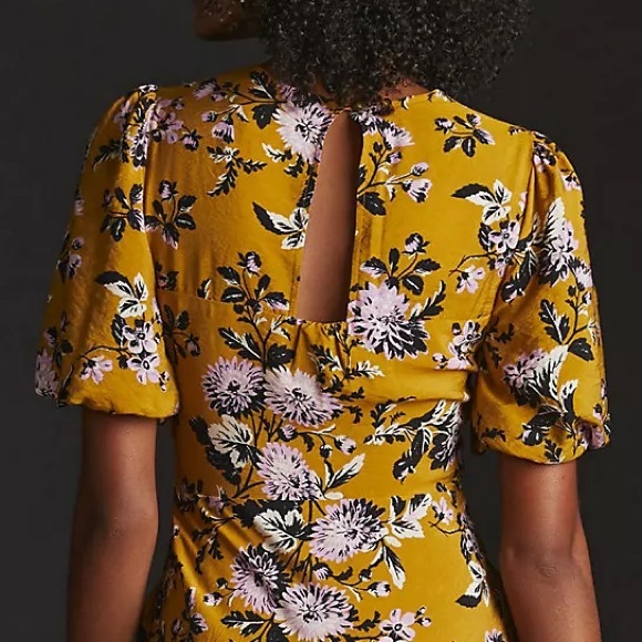 Anthropologie Maeve Floral Puff-Sleeve Midi Dress Floral Yellow Dress 6 - Picture 5 of 12